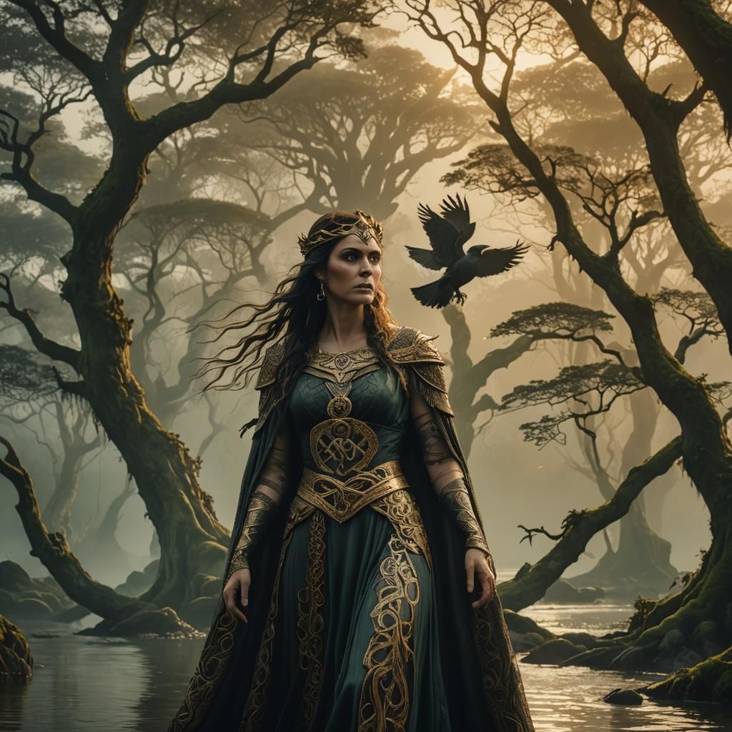 A detailed portrayal of a Celtic deity, embodied either as the Morrigan, a powerful goddess, or Cernunnos, a male deity ...