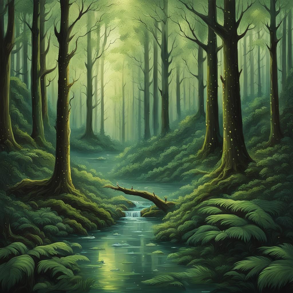 Enchanting Forest with Water Droplets