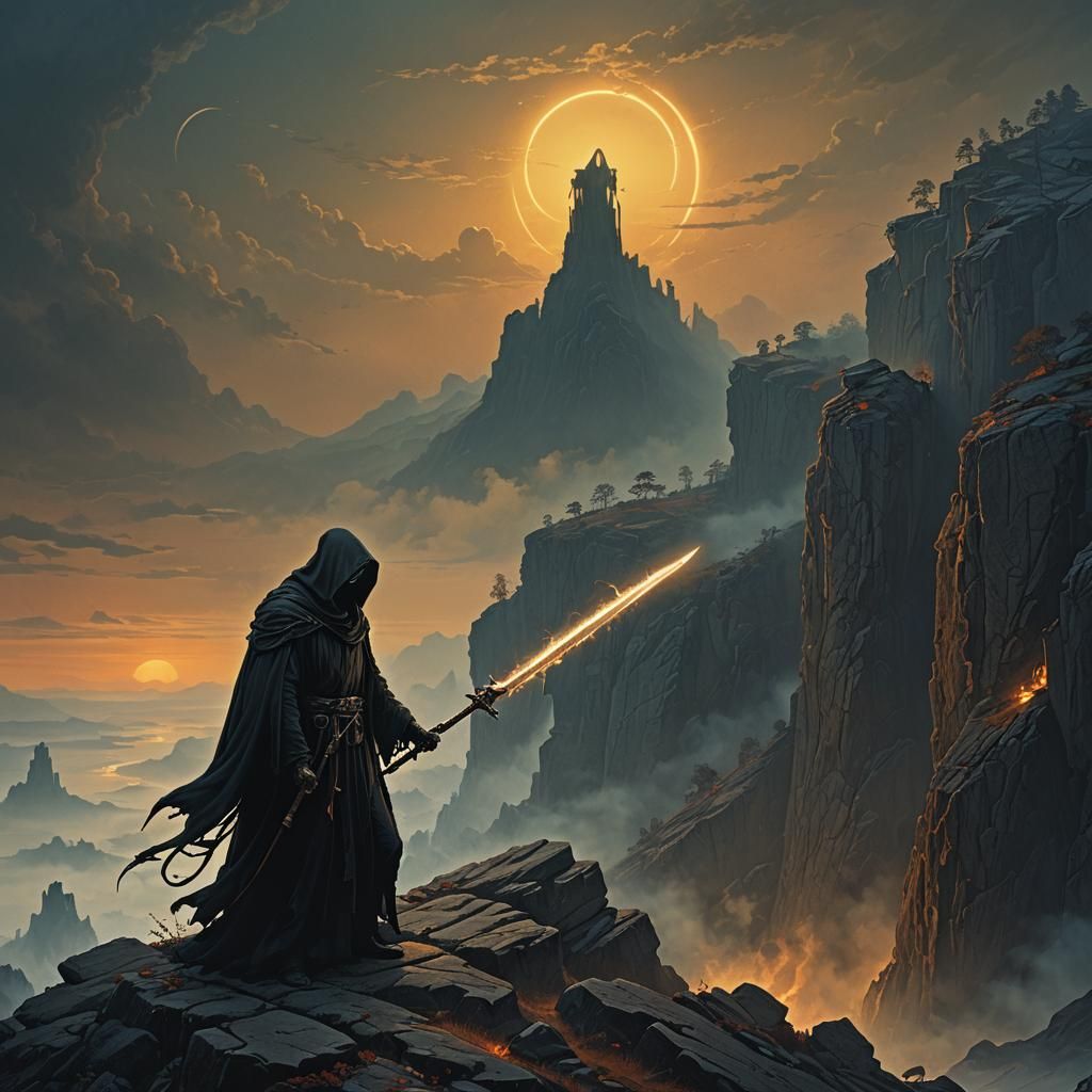 Grim Reaper on Rocky Cliff in Dark Surrealism Style