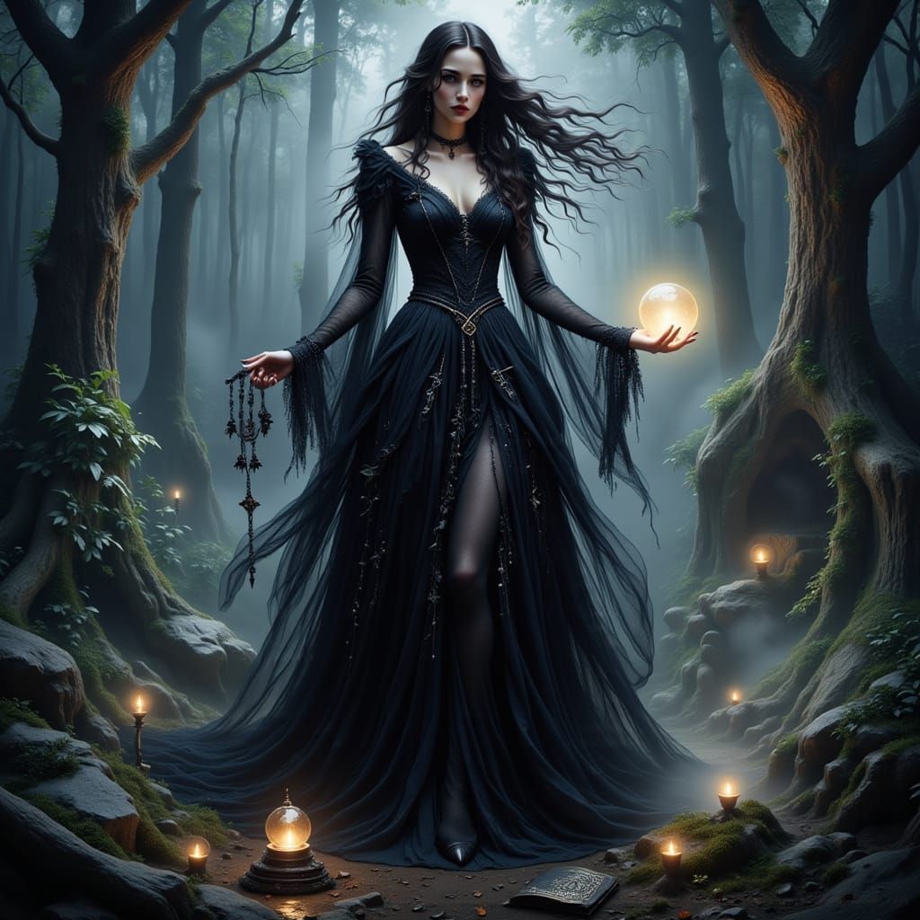 Gothic Witch Casting Spells in Enchanted Forest