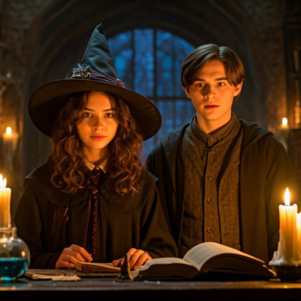 Mystical Potion Makers in a Dimly Lit Chamber