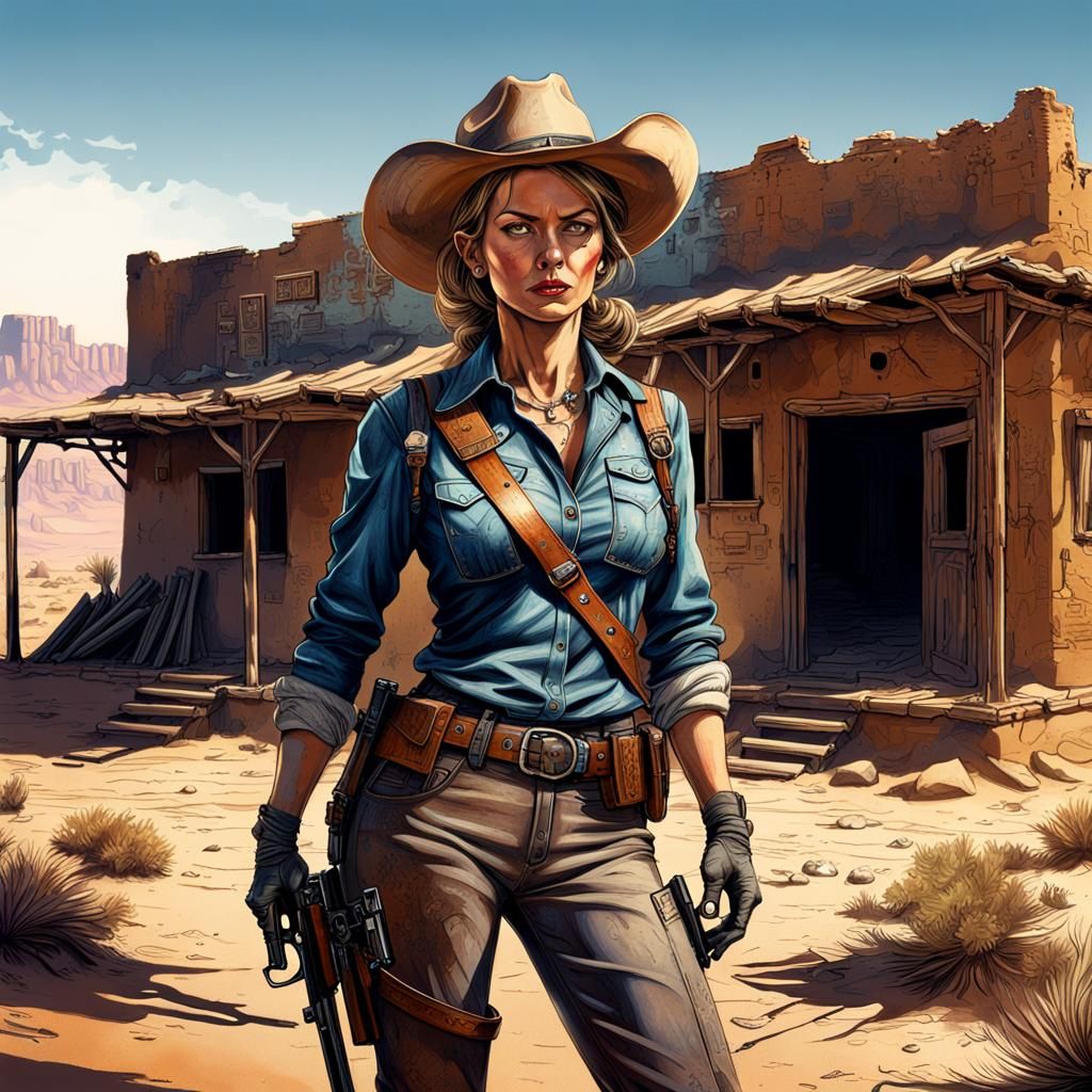 Cowgirl with Mauser Pistol in Desert, Hyperrealistic Splash ...