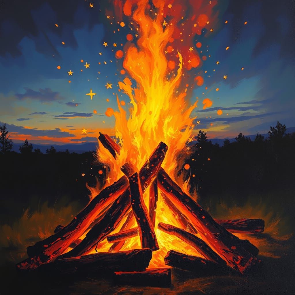 Impressionistic Bonfire at Twilight