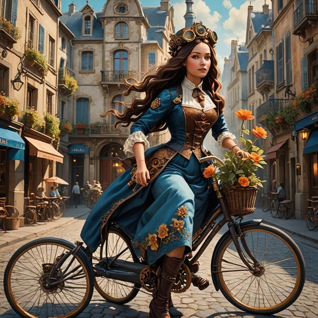 Steampunk Monalisa Rides Bicycle Through Mystical French Tow...