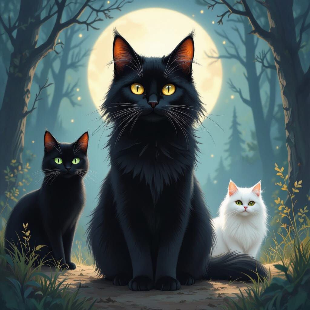 Majestic Black Cats Hunting in Moonlit Forest