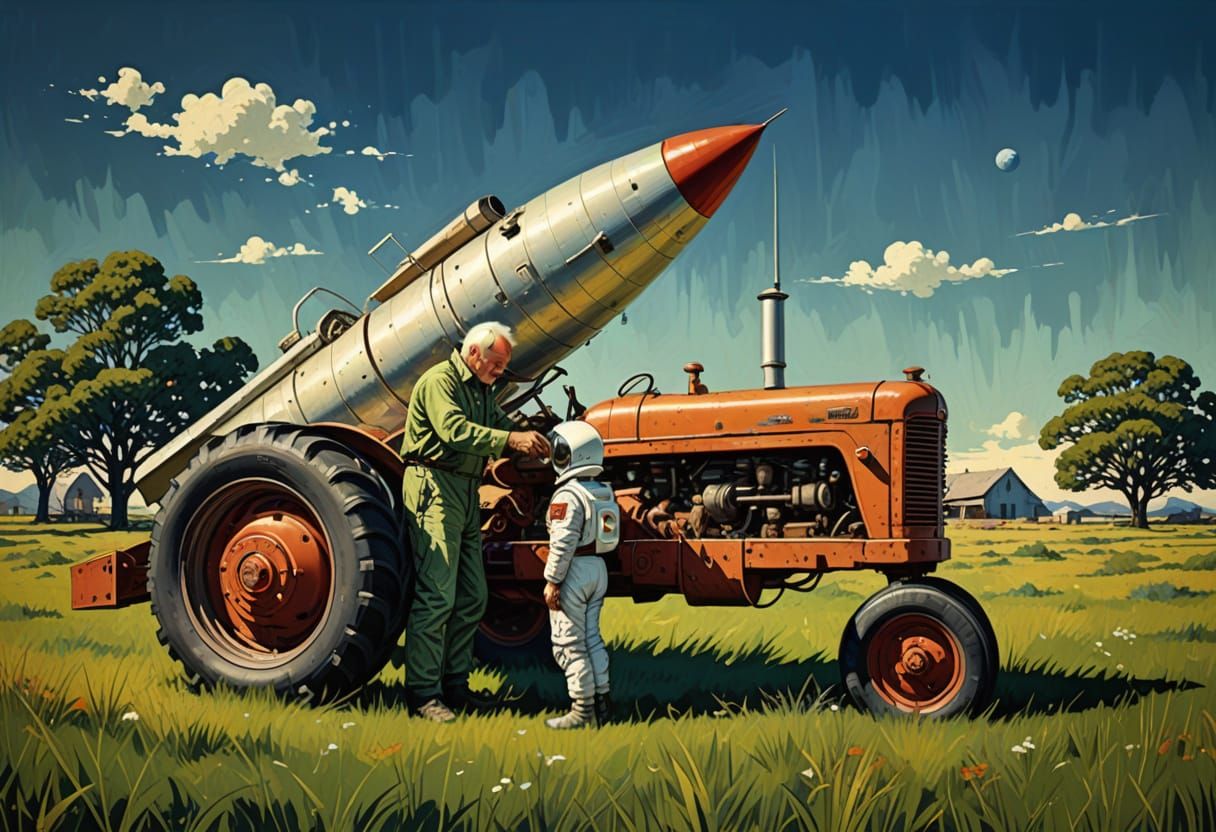 Atompunk Rocket Launch: Grandfather and Grandson in Space