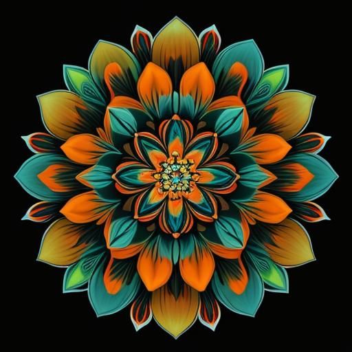 Psychedelic Flower Mandala in Teal and Orange