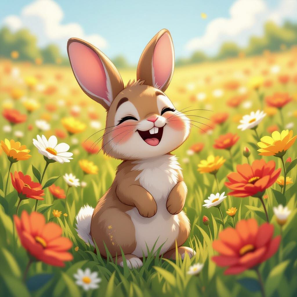 Joyful Bunny in Flower Field, Anime Manga Style