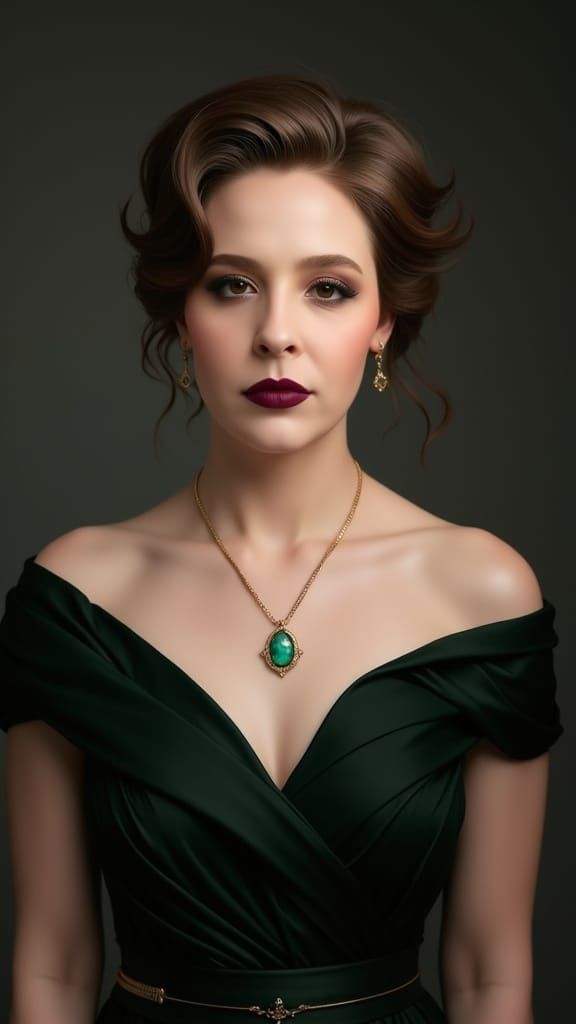 Ethereal Woman in Moss Green Gown with Opal Necklace