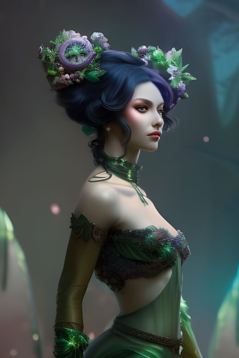 Dark Green Fairy with Flowers in Art Nouveau Style