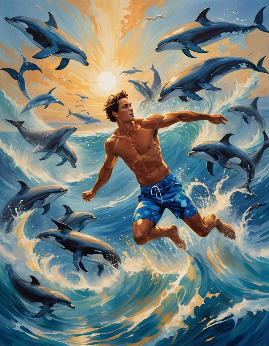 Ocean Dream: Man, Whales, and Dolphins in Golden Light