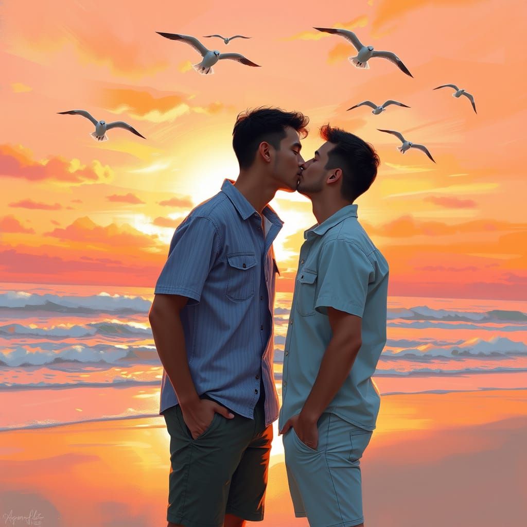 Gay Couple Kiss Silhouetted at Sunset in Impressionistic Sty...