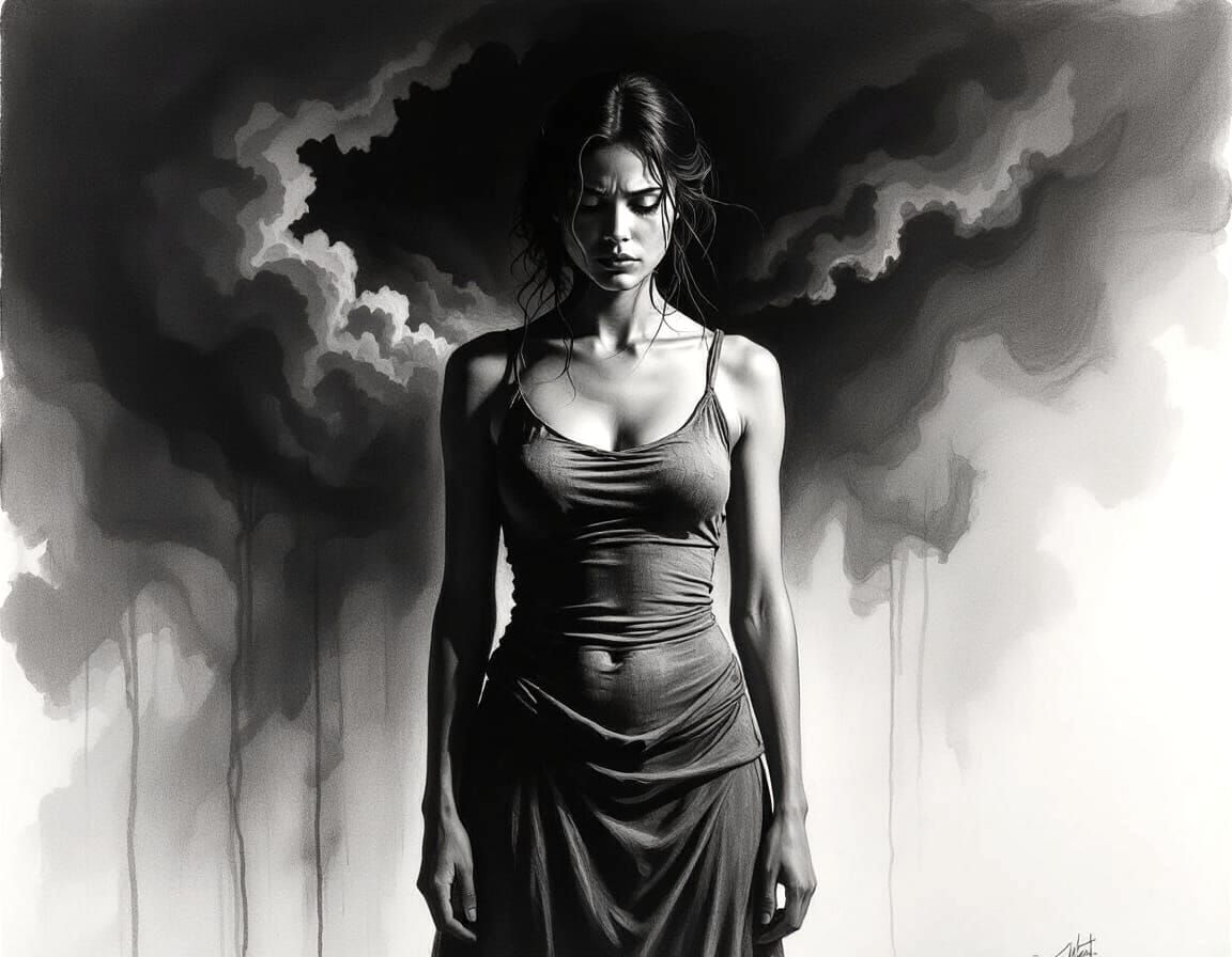 Woman in Charcoal Drawing Style Expressing Inner Turmoil