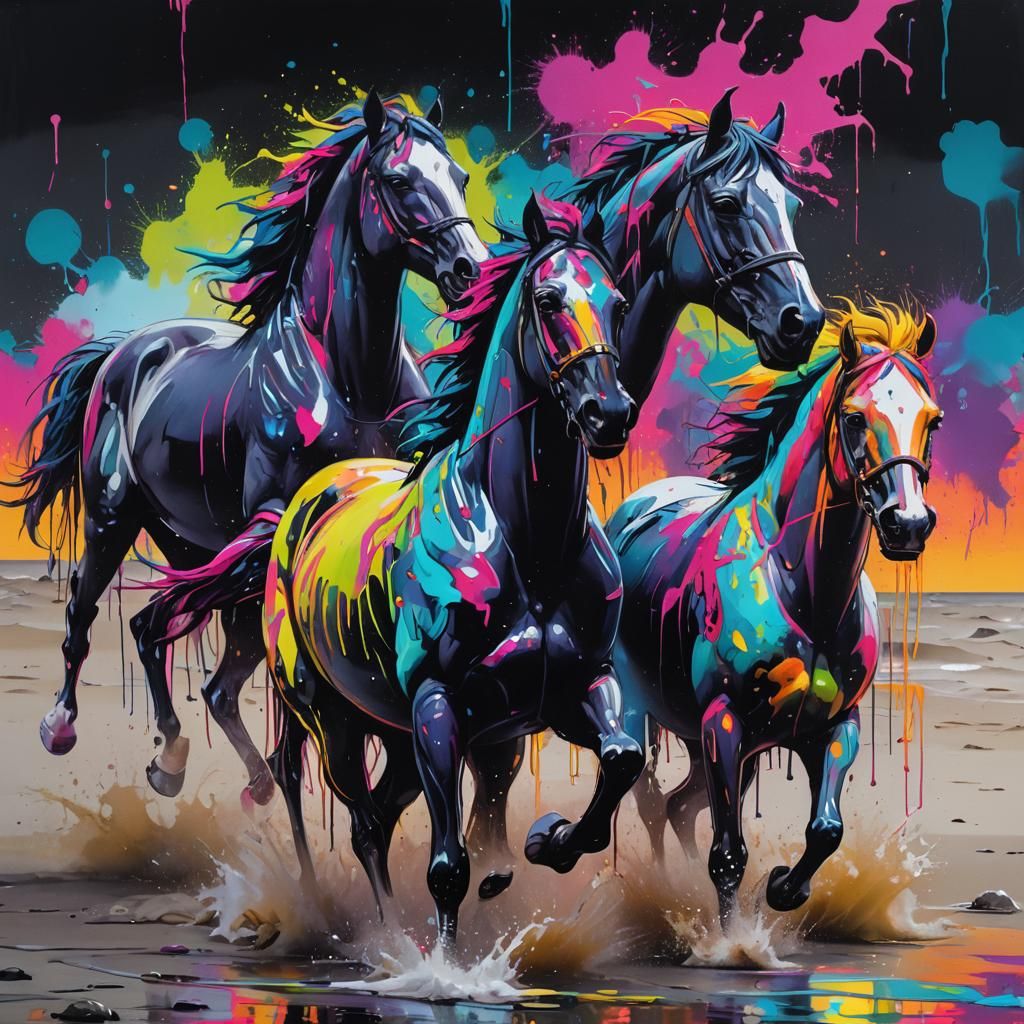 Neon Horses Ride on Midnight Beach as Graffiti Art