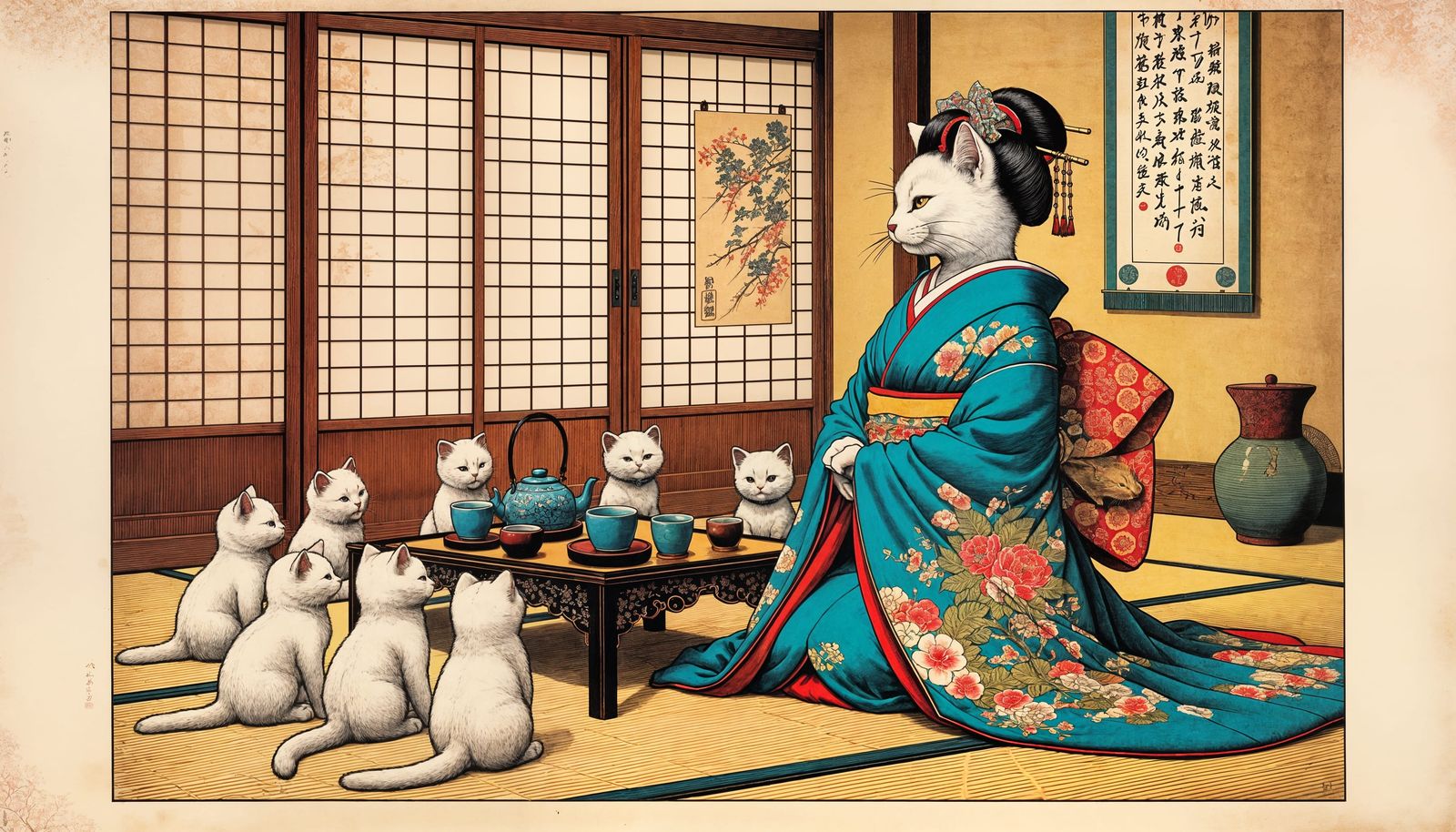 Cat Tea Ceremony in Ukiyo-e Style