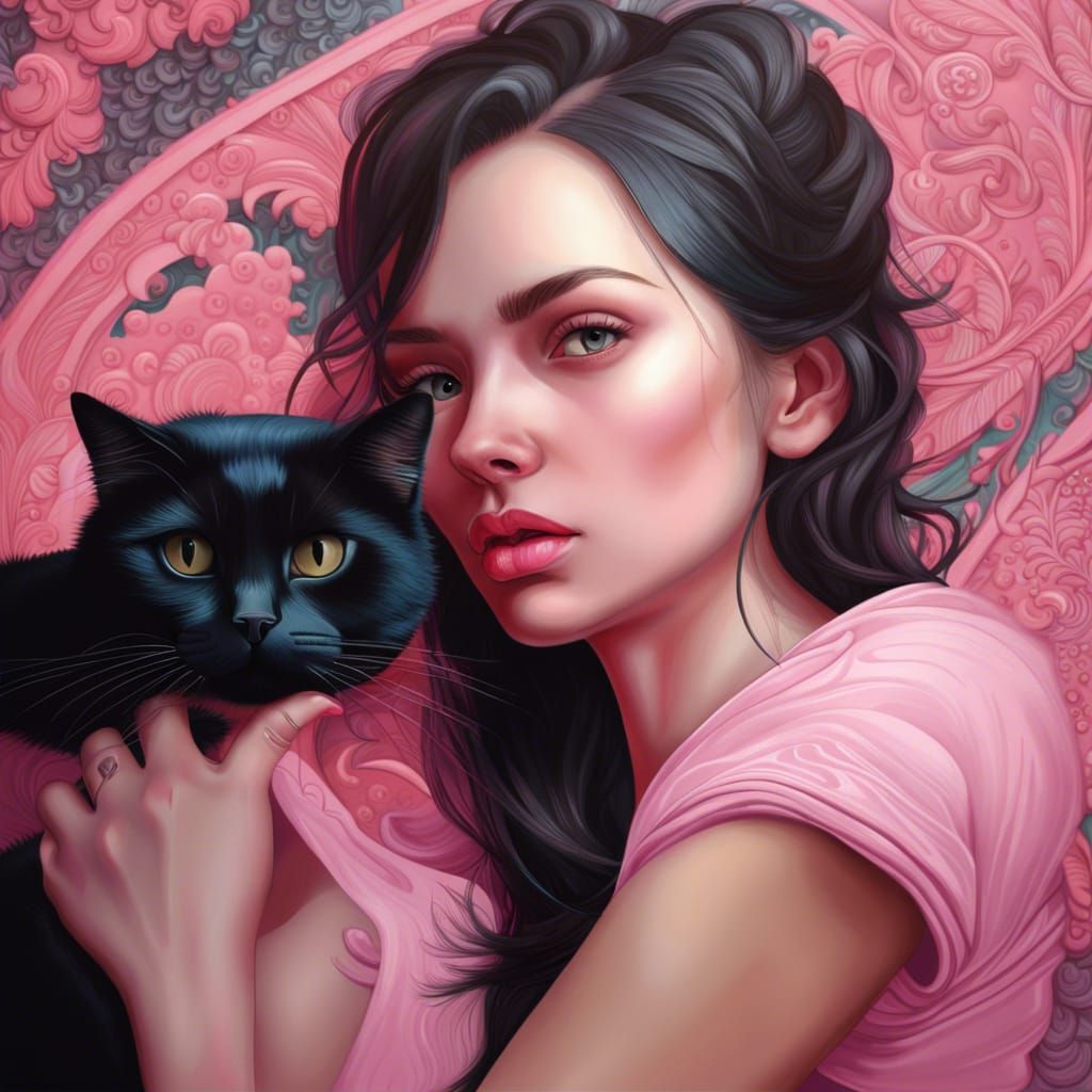 Woman with Black Cat in Hyperrealistic Style