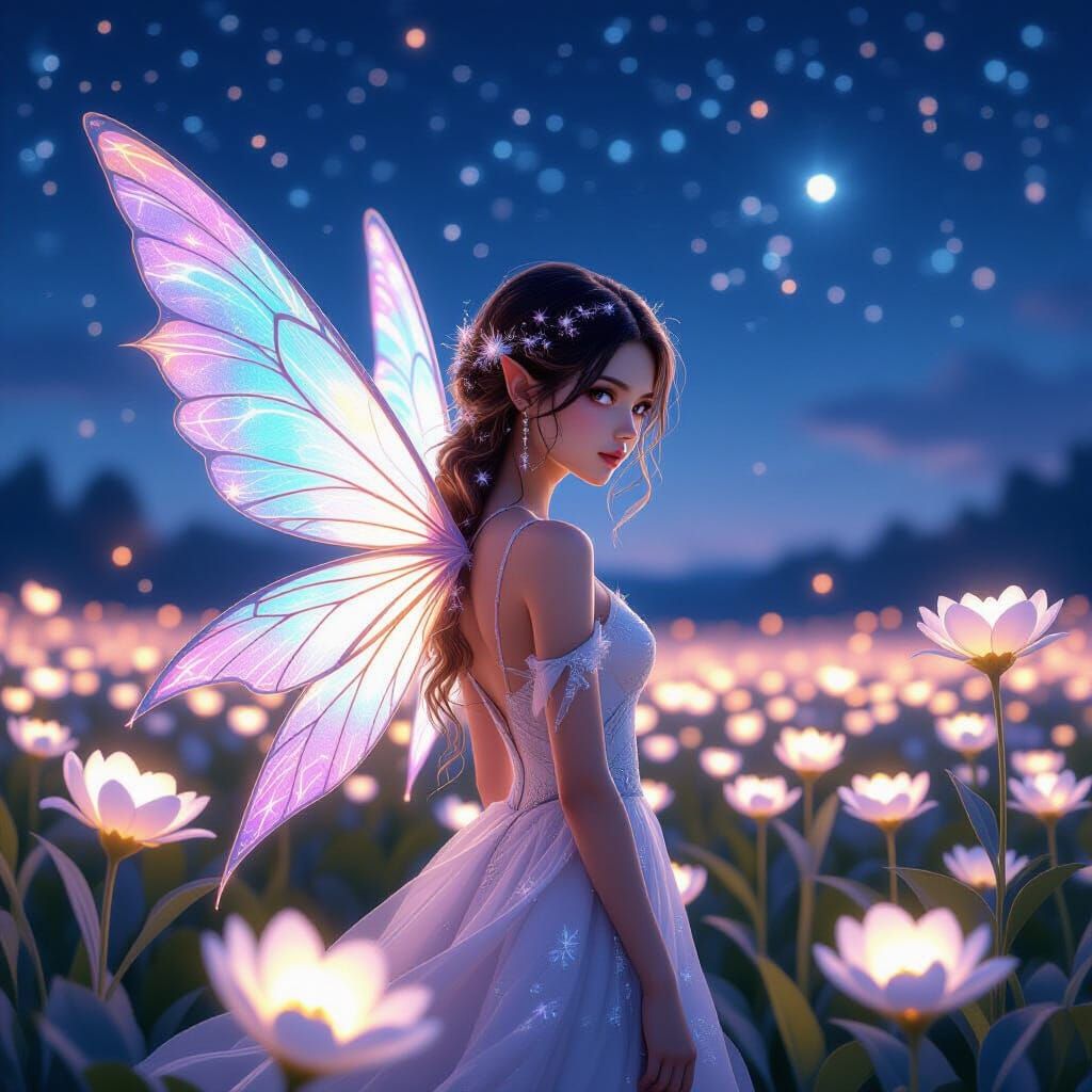 Fairy Woman Among Moon Flowers Under Starry Sky