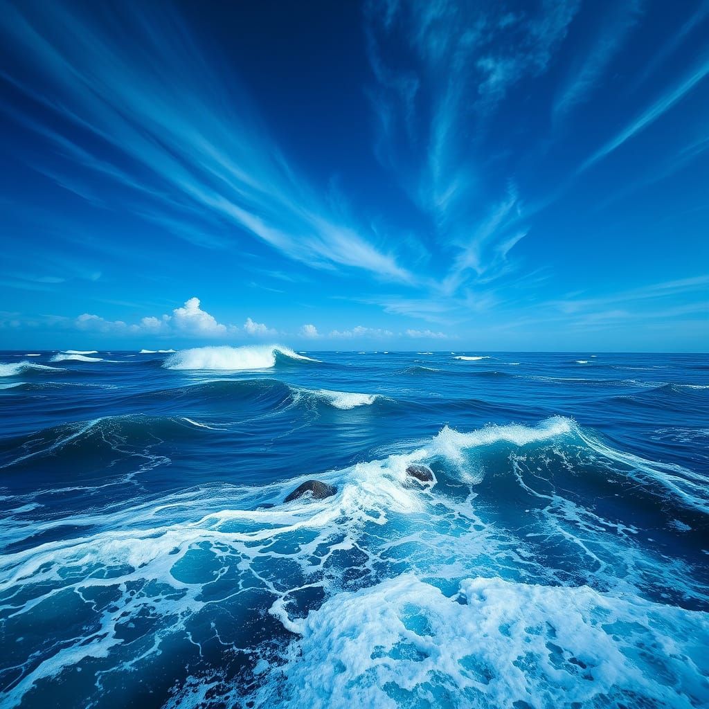 Surreal Deep Blue Ocean Dreamscape with Waves and Skies