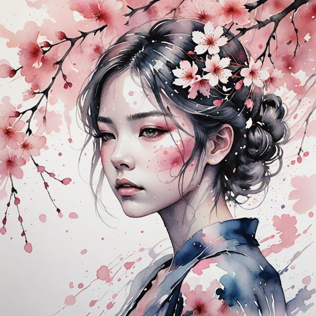 Sakura Blossom Spirit in Watercolor with Pink Ink