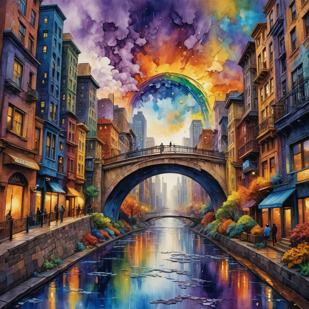A whimsical illustration featuring rainbow bridge spanning a...