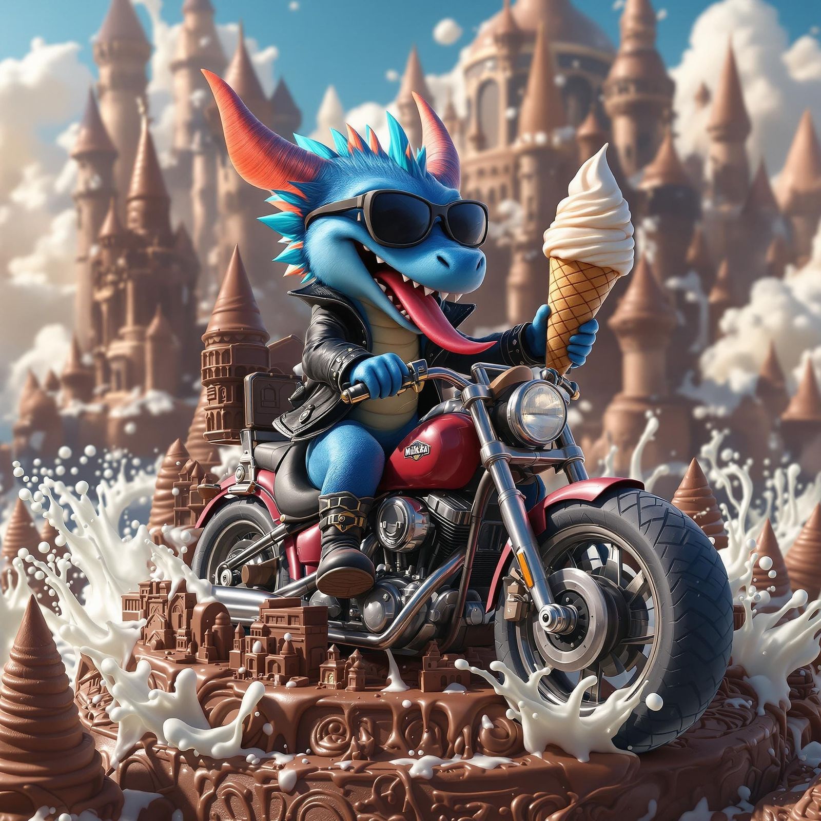 Blue Dragon Rides Motorcycle on Chocolate Cake