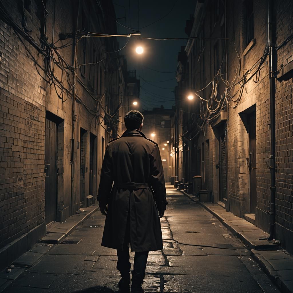 Film Noir Alleyway Scene with Man in Trenchcoat