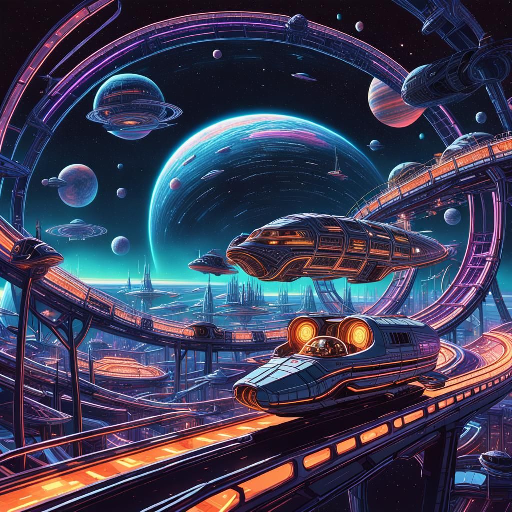Sci-Fi Space Rollercoaster Amidst Futuristic Spaceships