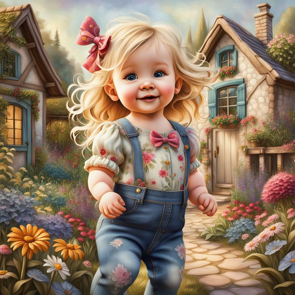 Whimsical Toddler in Fantasy Flower Garden, Painterly Style