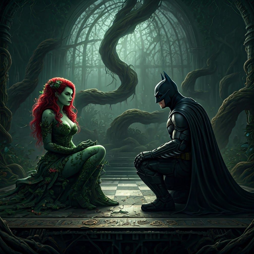 Poison Ivy and Batman in Gothic Chess Match