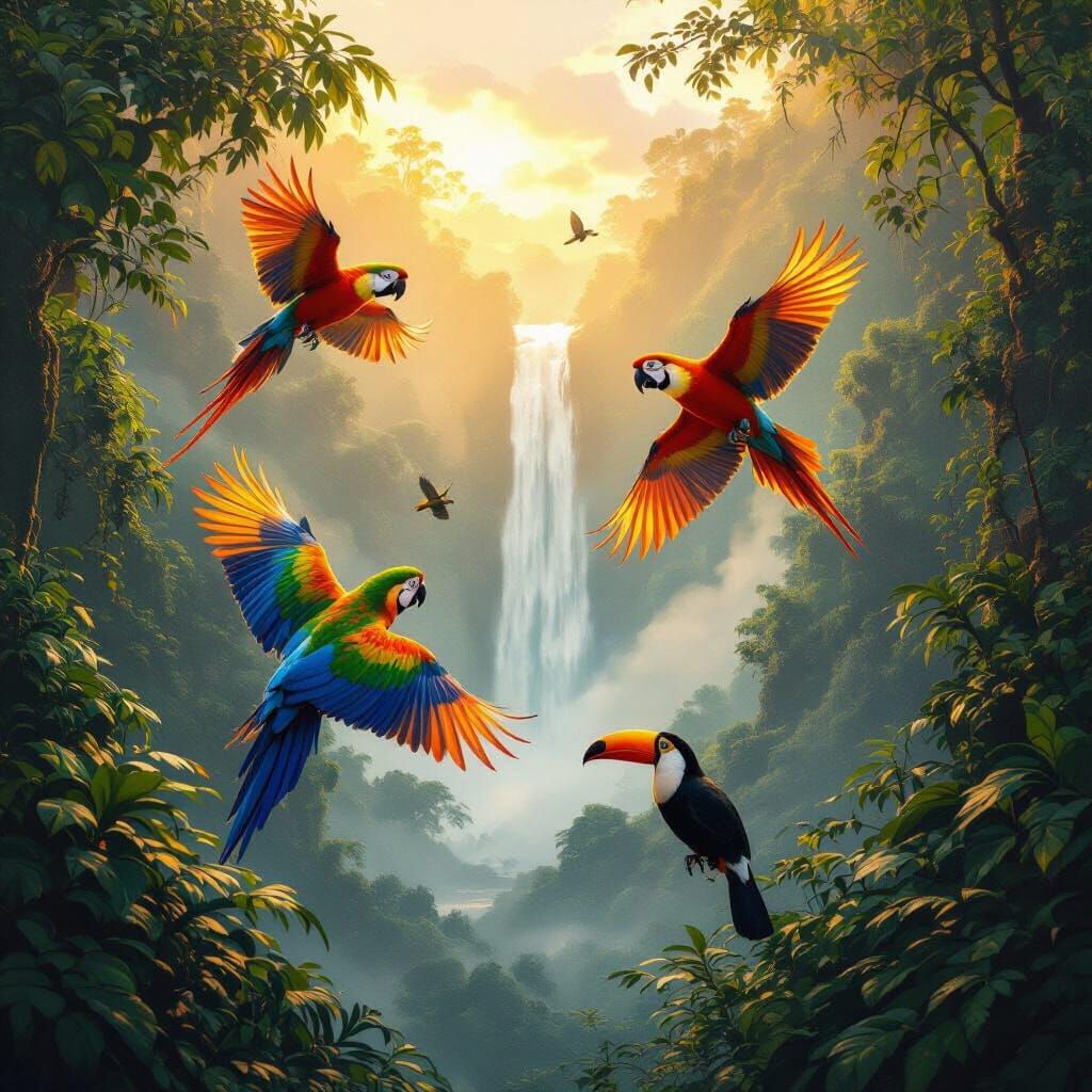 Vibrant Parrots and Toucans in Misty Rainforest