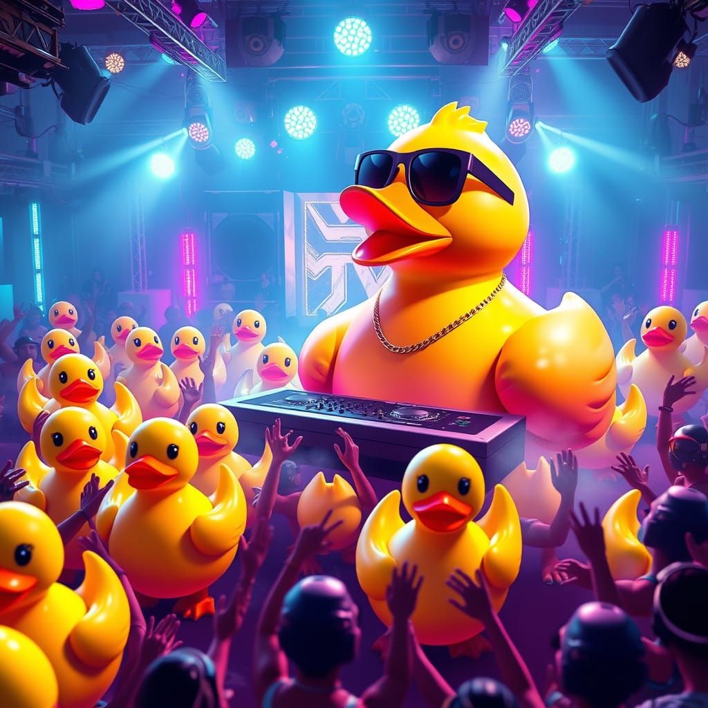 Whimsical Rave Scene with Giant Rubber Duck DJ