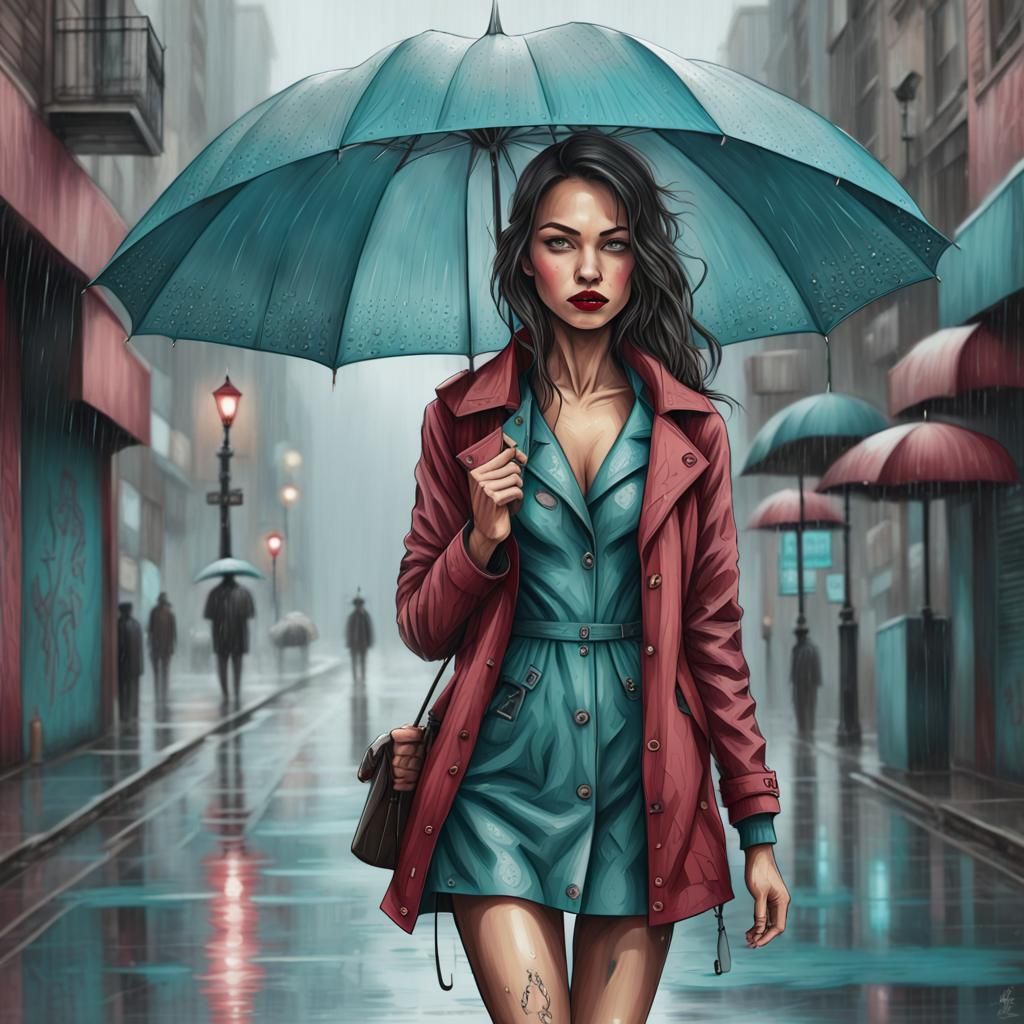 Girl with Umbrella in Rainy Street: Color Splash