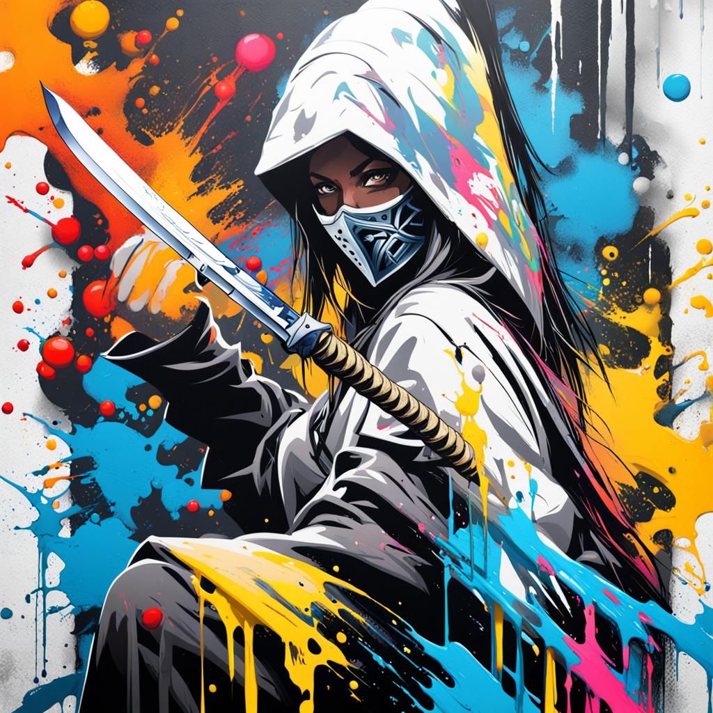 Woman with Sword in Graffiti Splash Art