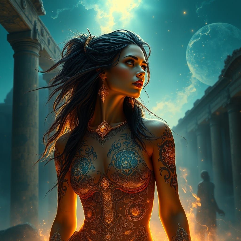 Celestial Tattooed Woman in Ethereal Ruins Splash Art