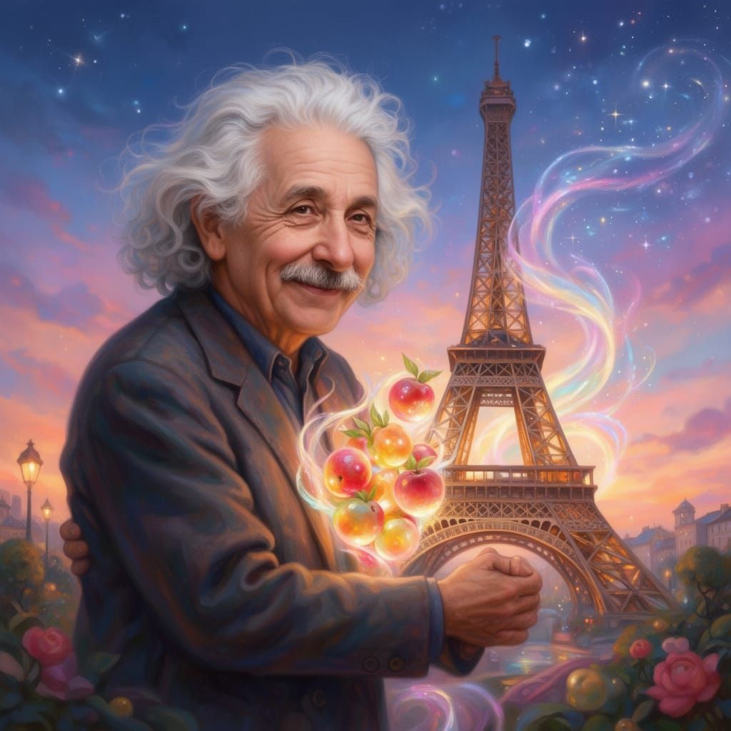 Surreal Union: Einstein and Eiffel Tower Embrace