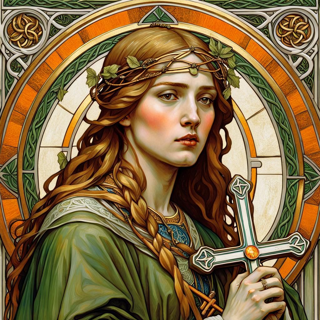 St. Brigid Portrait in Pre-Raphaelite Art Nouveau Style