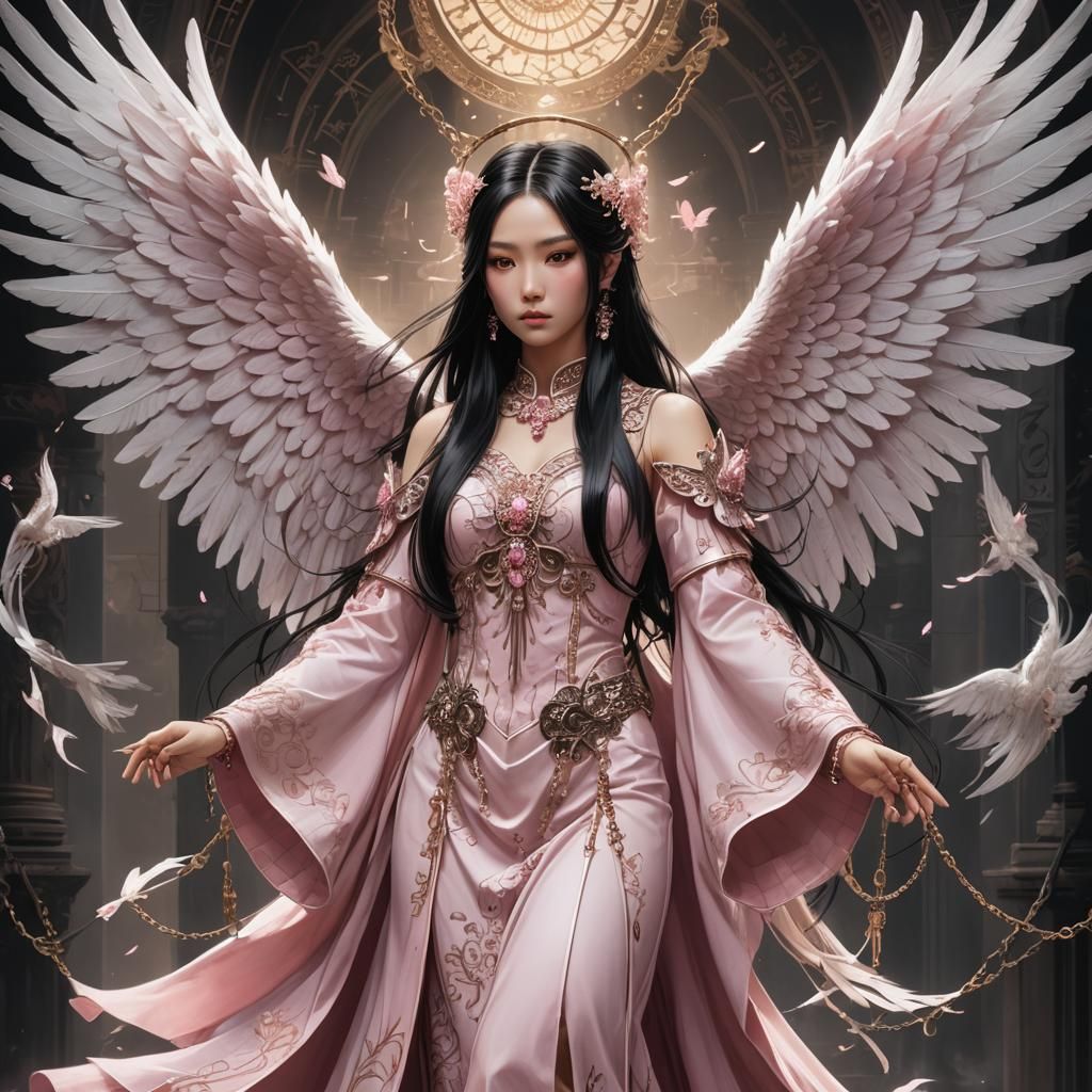Gothic Angel: Asian Girl in Dark Fantasy Landscape
