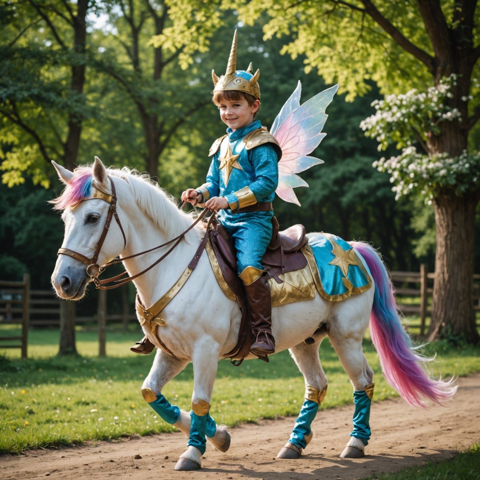 Fairy Knight Boy Rides Unicorn Horse