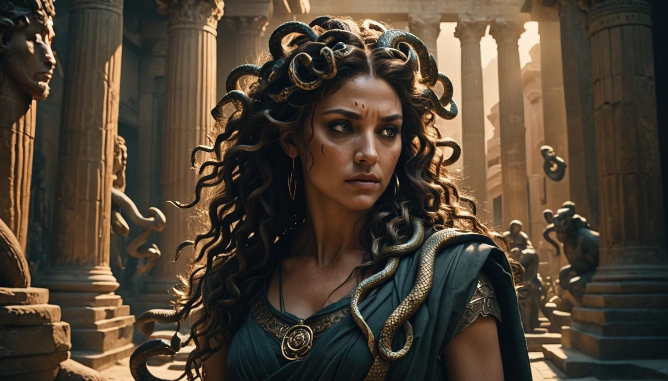 Medusa in Temple Ruins: Hyper-Realistic Cinematic Shot