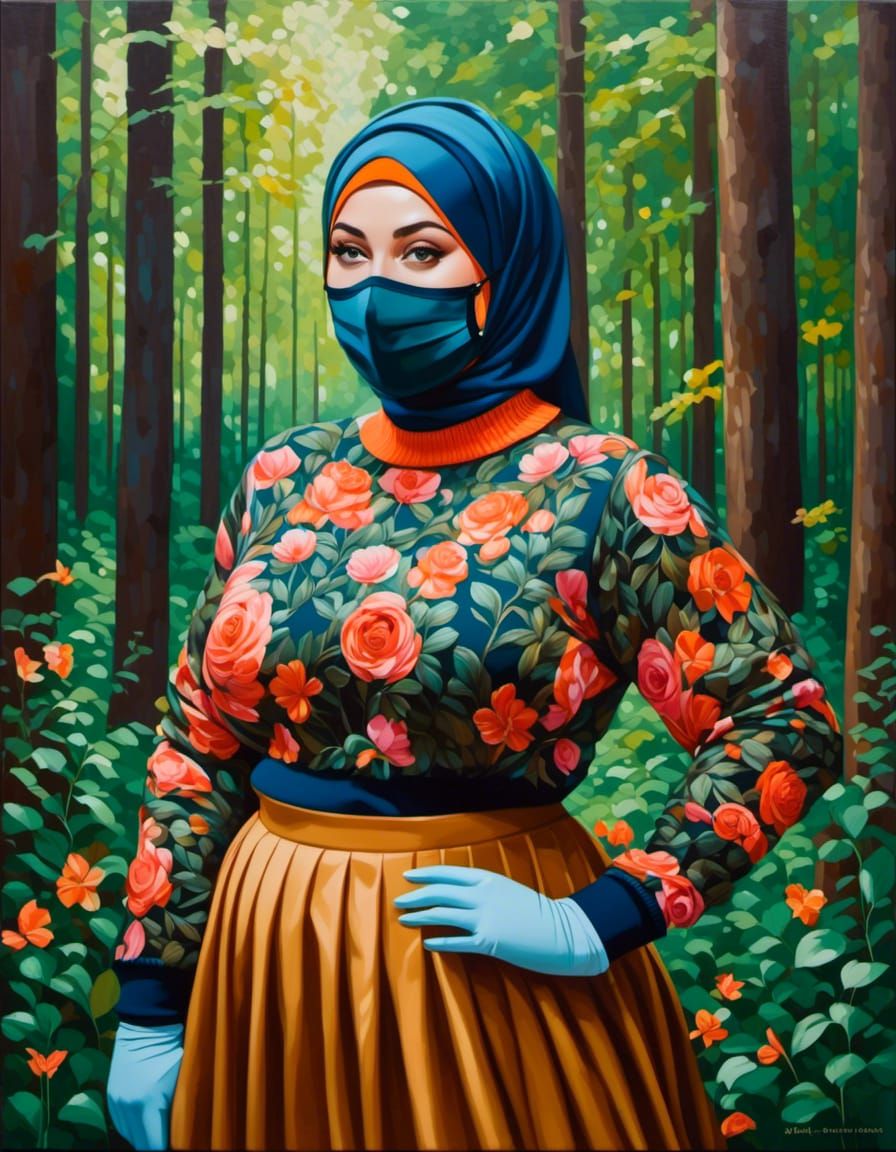 Woman in Hijab and Mask in Forest Oil Painting