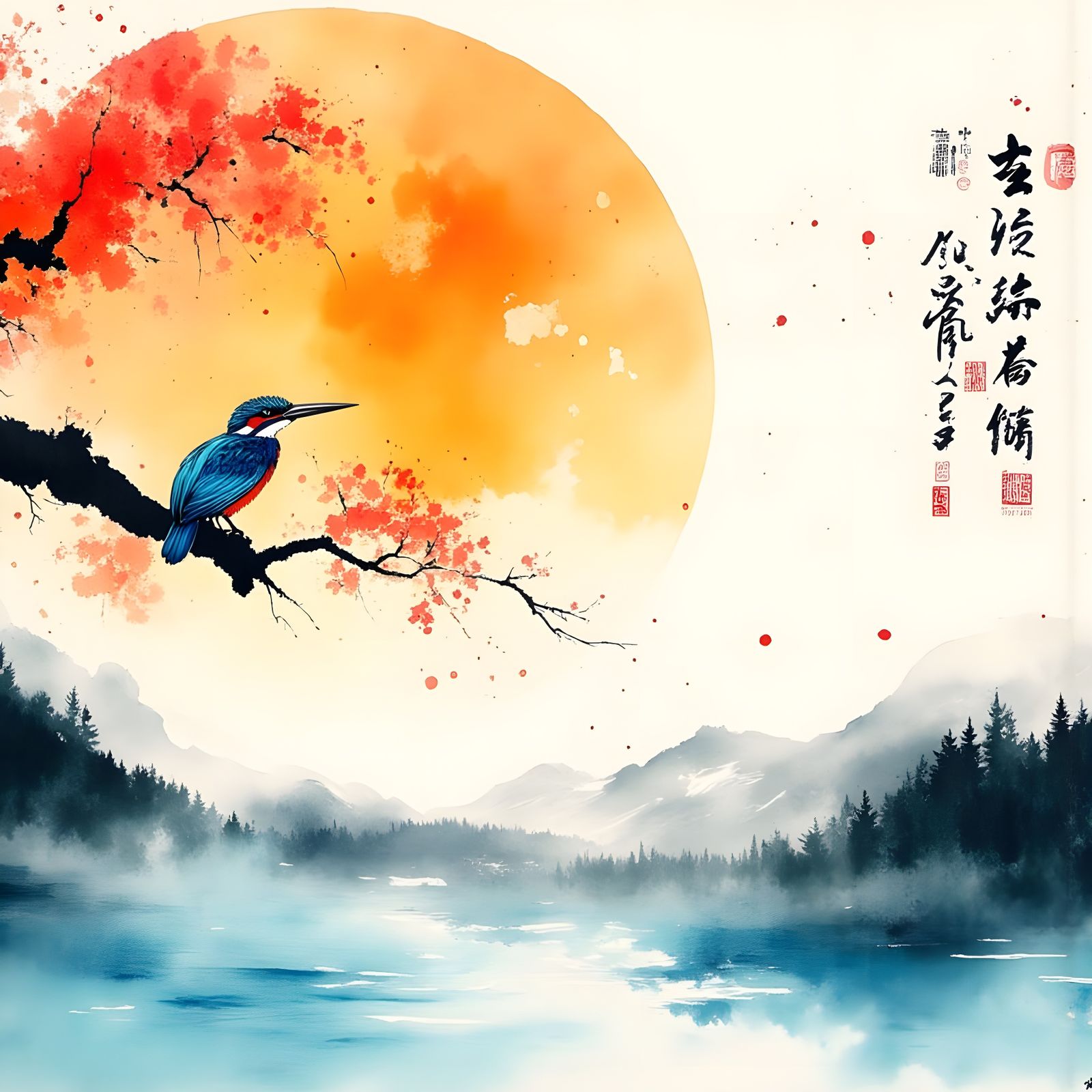 Ethereal Oasis Scene in Sumi-e Style