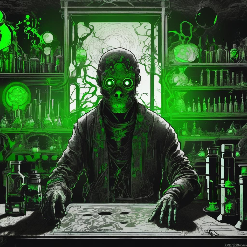 Dark Fantasy Toxic Laboratory in Japanese Ink Art