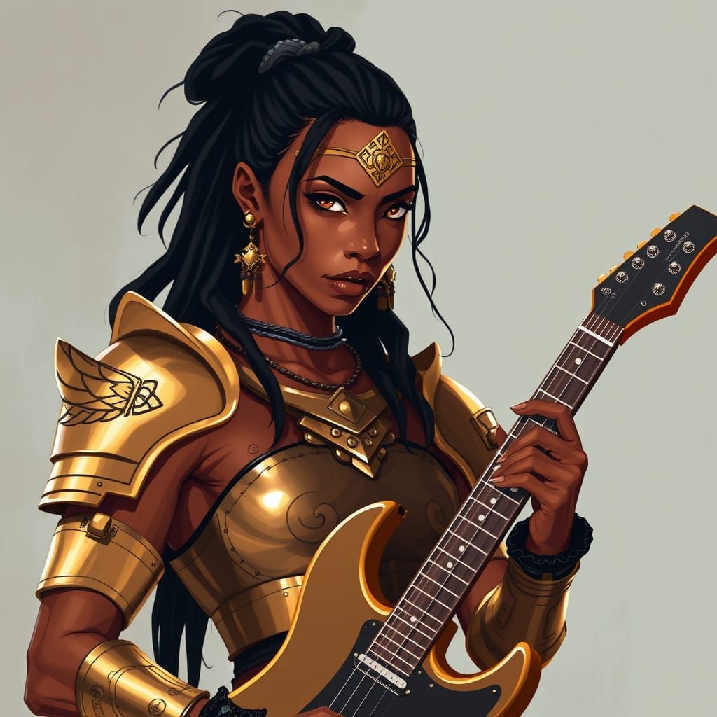 Amazonian Guitar Heroine in Bronze Armor