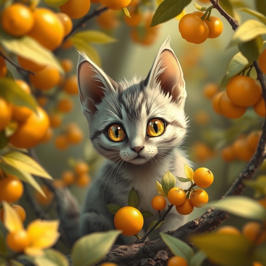 Curious Kitten in Autumn Forest, Illustrated Style