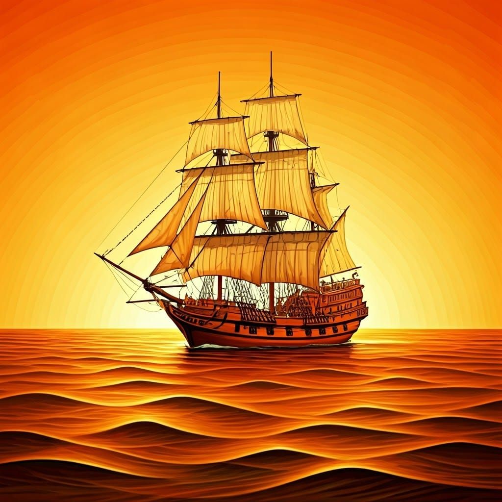 Whimsical Pirate Ship in Golden Sunset