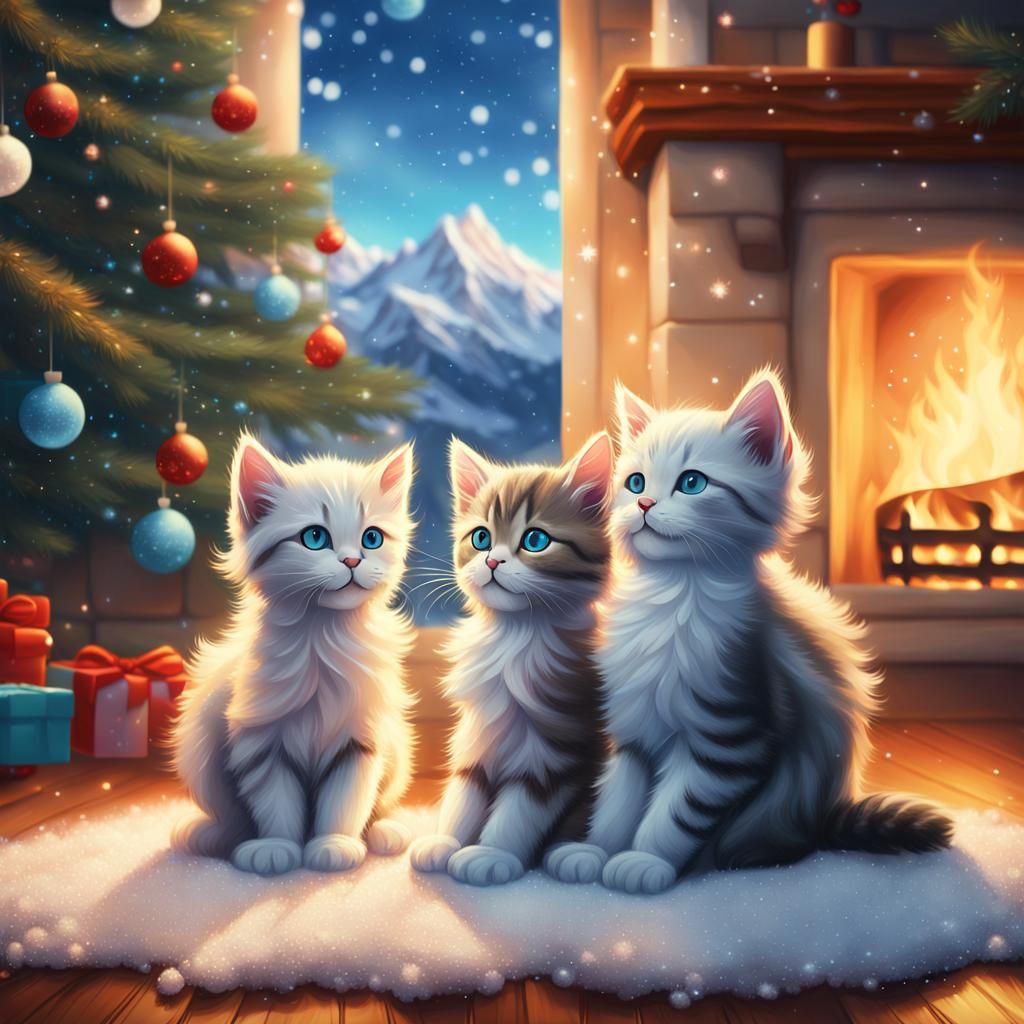 Festive Kittens by Fireplace: Fantasy Concept Art