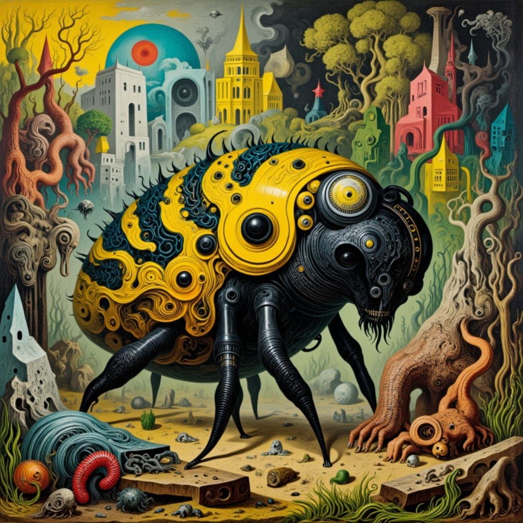 Giant Bee Rises in Woodcut Whimsy Style