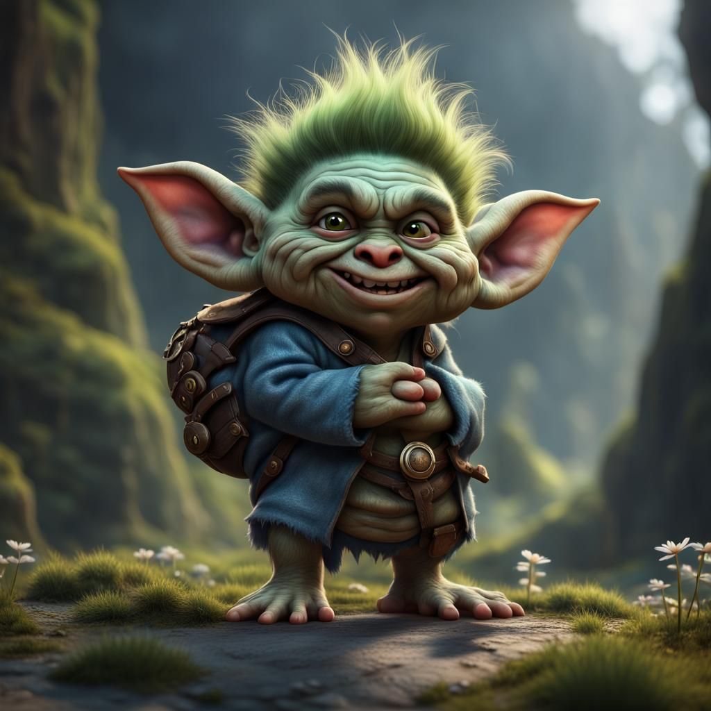 Hyperrealistic Grogu as Cute Troll, Detailed Digital Art