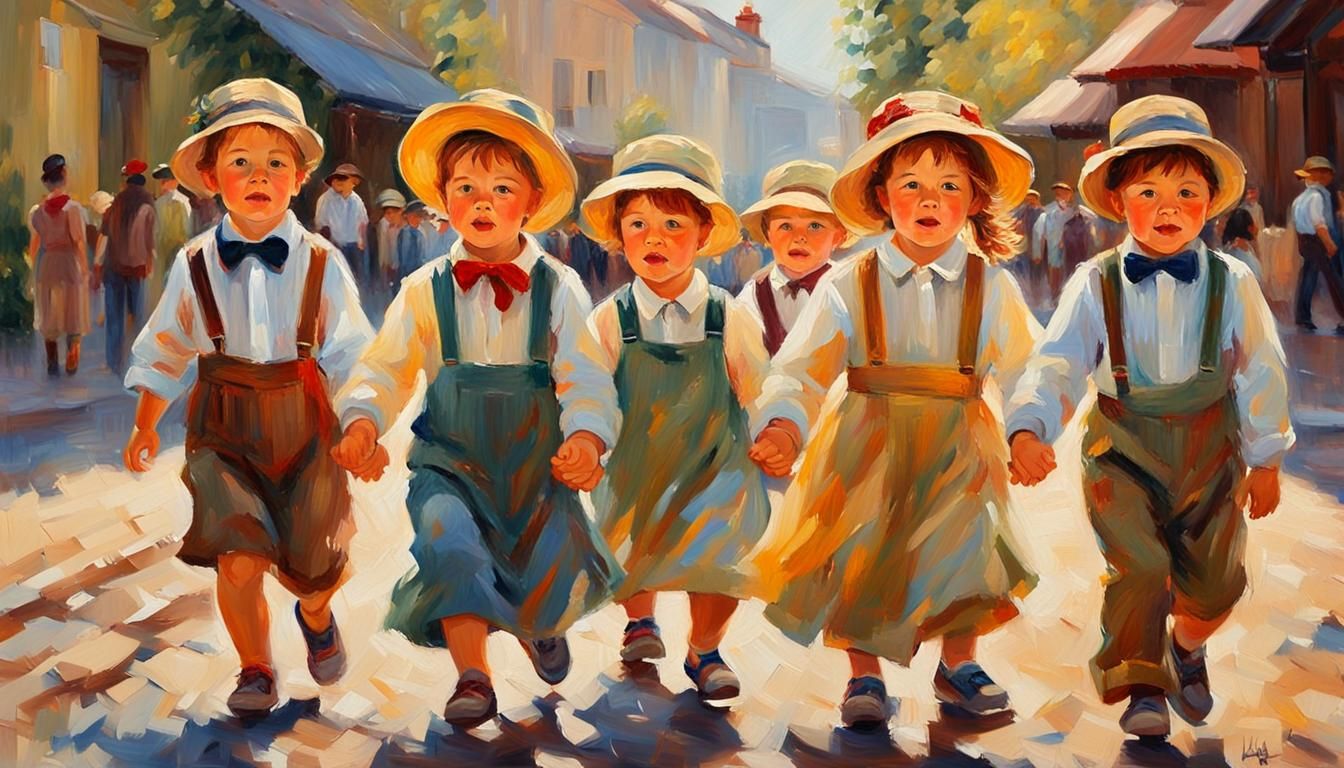 Children's Joyful March: An Impressionist Oil Painting