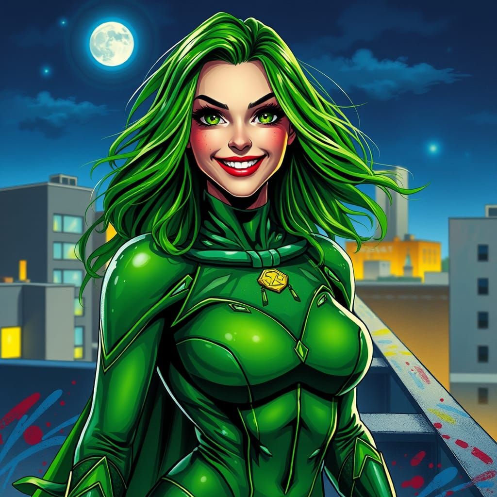 Green-Haired Superheroine Smiles in Graffiti Art Style